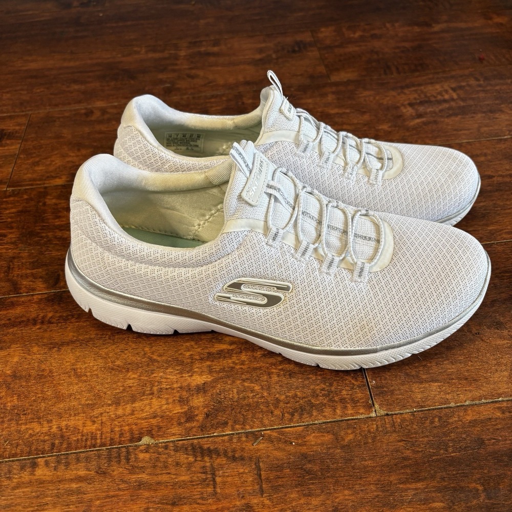 Skechers Sneakers Womens 10 White Silver Washable Bungee Summit Calm Harmony